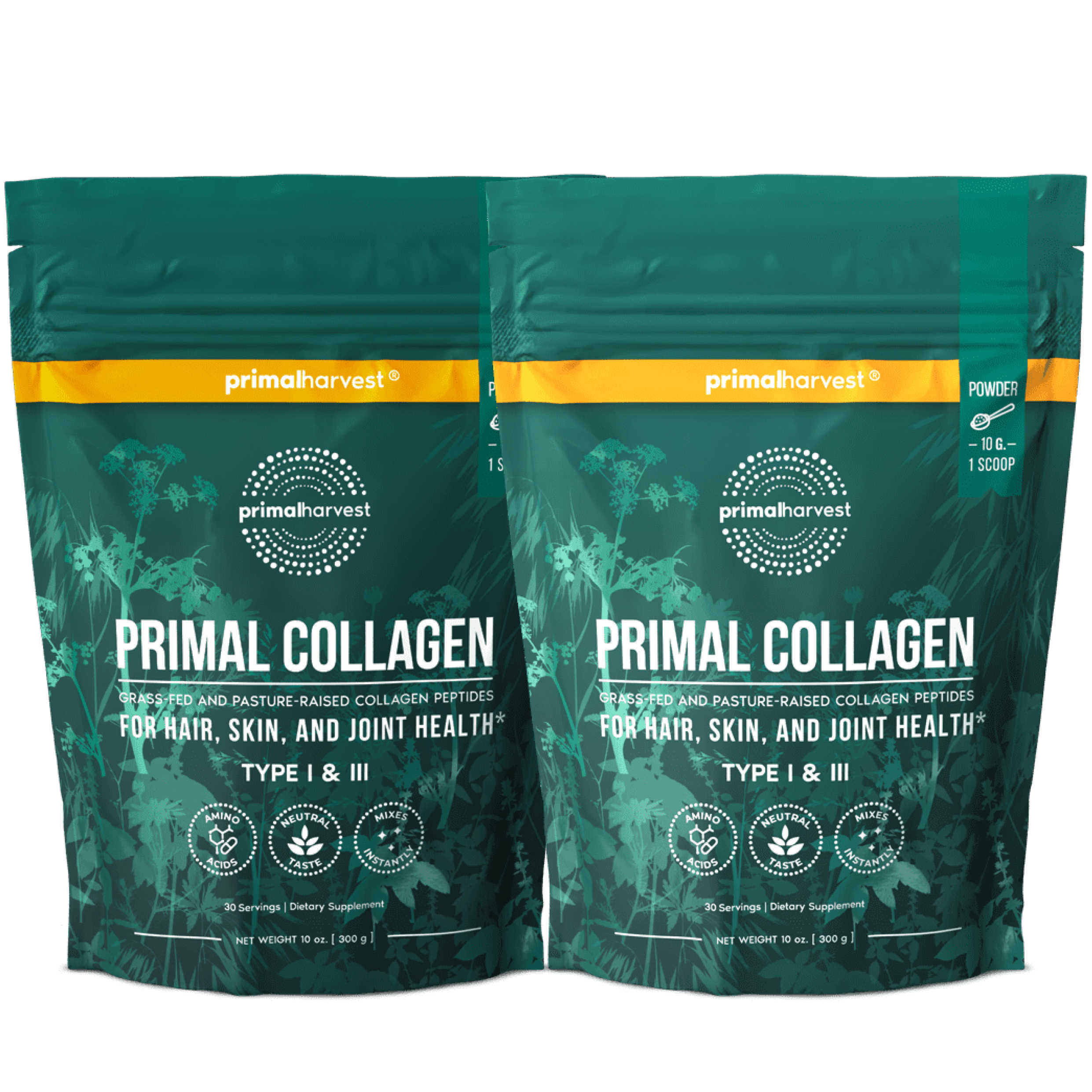 Two bags of Primal Collagen powder for hair, skin, and joint health.