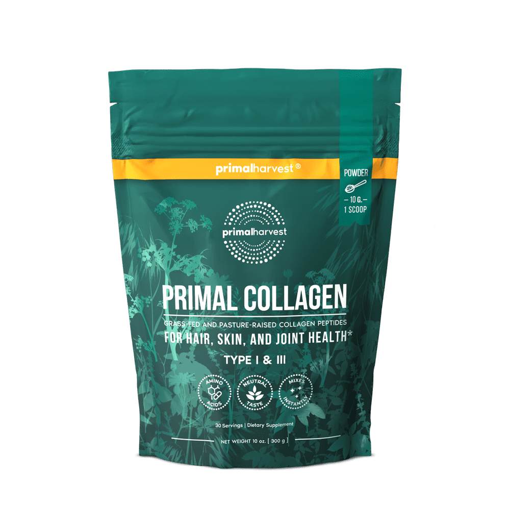 Primal Collagen supplement package with green design and product information.