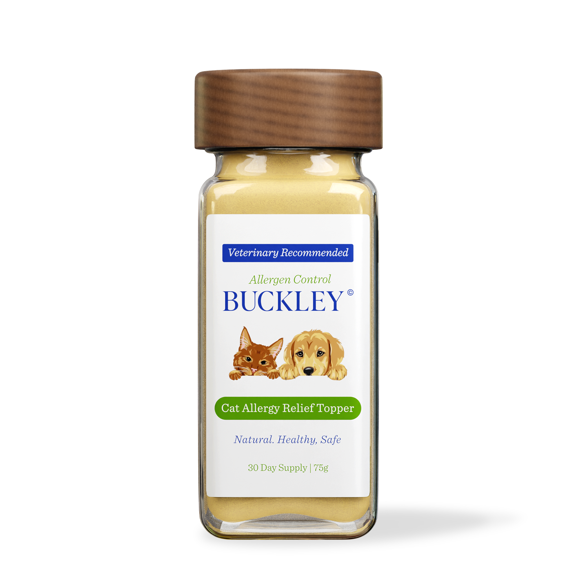 A bottle of Buckley Cat Allergy Relief Topper with cat and dog images.