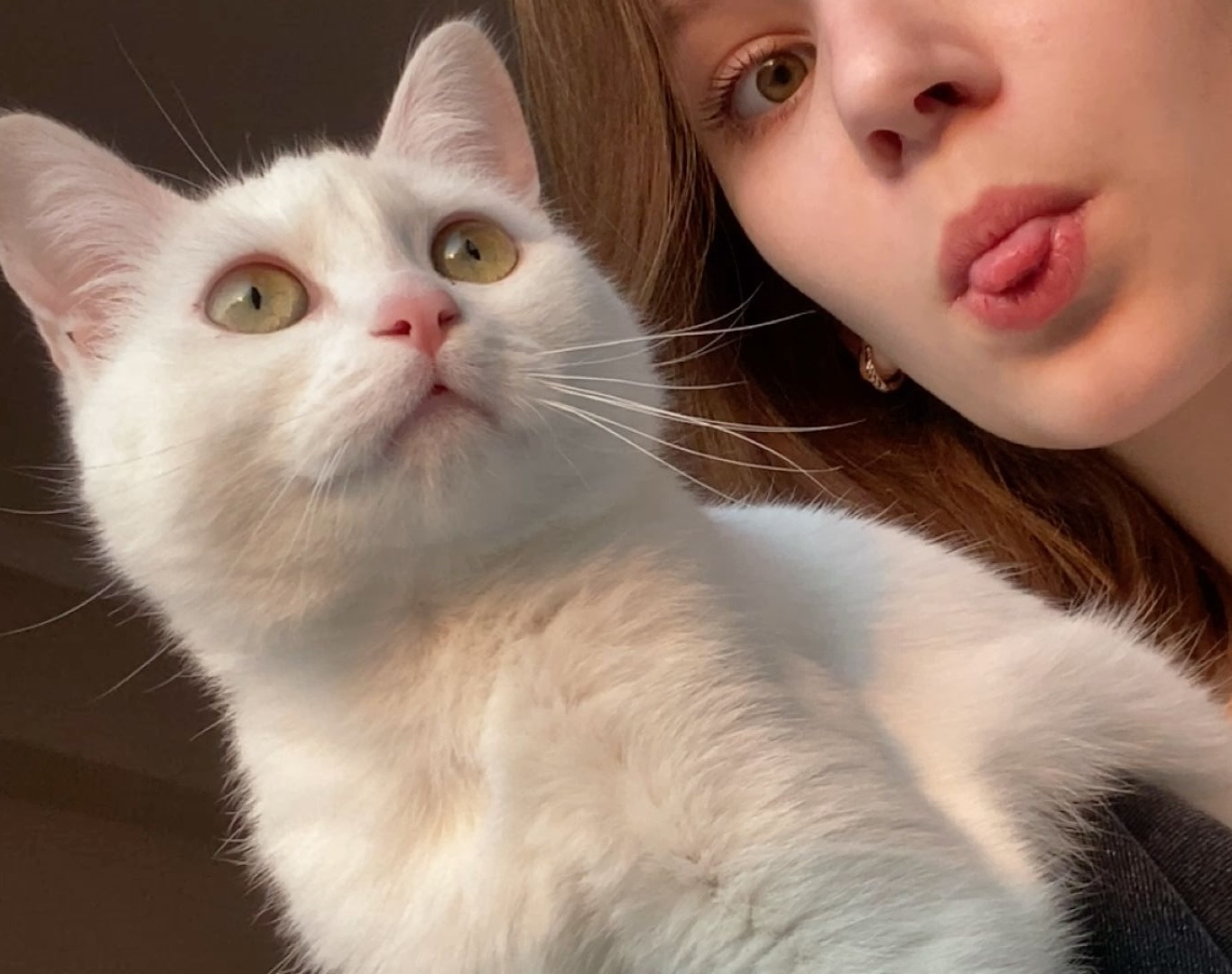 A person making a face next to a white cat with green eyes.