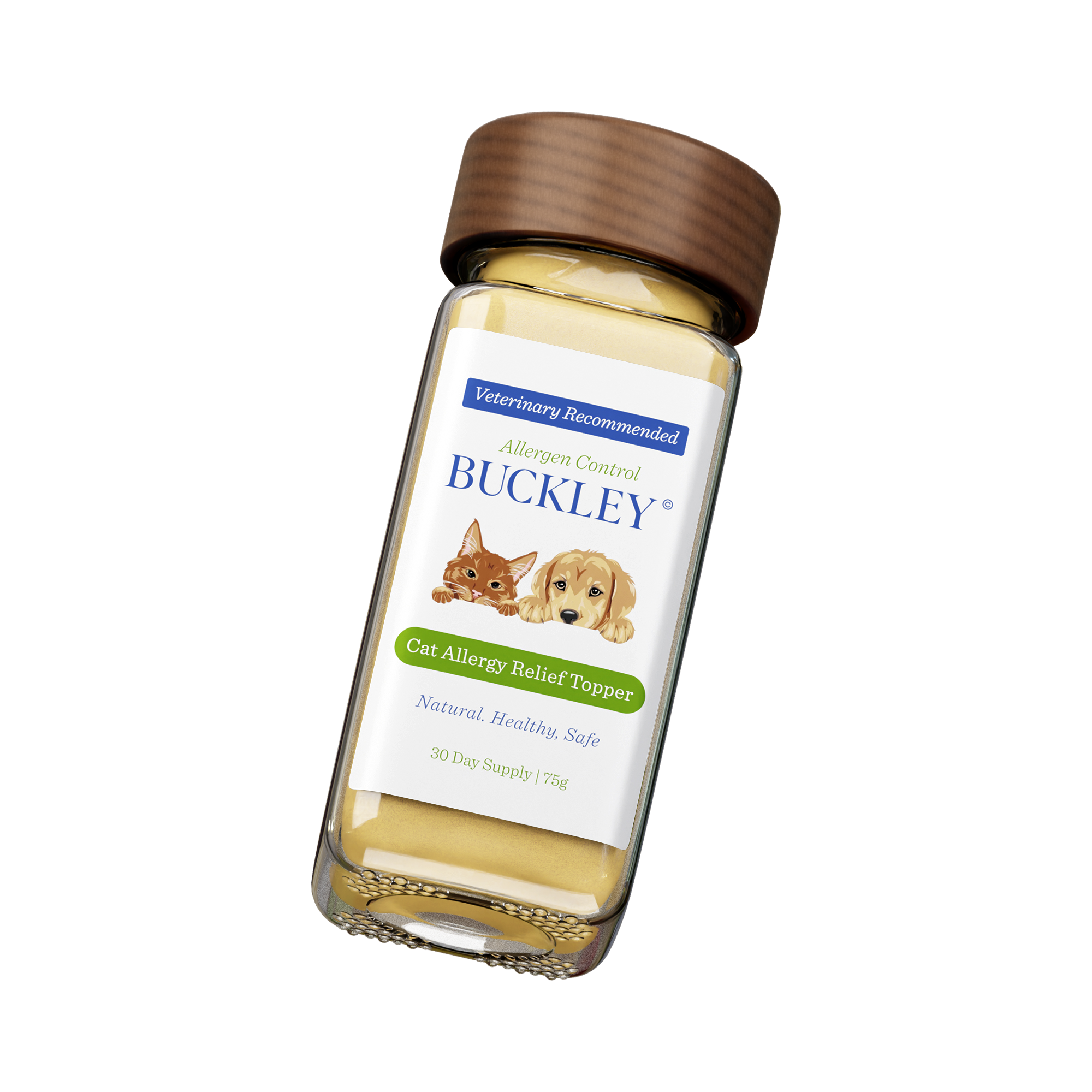Bottle labeled 'Buckley Cat Allergy Relief Topper' with cat and dog illustrations.