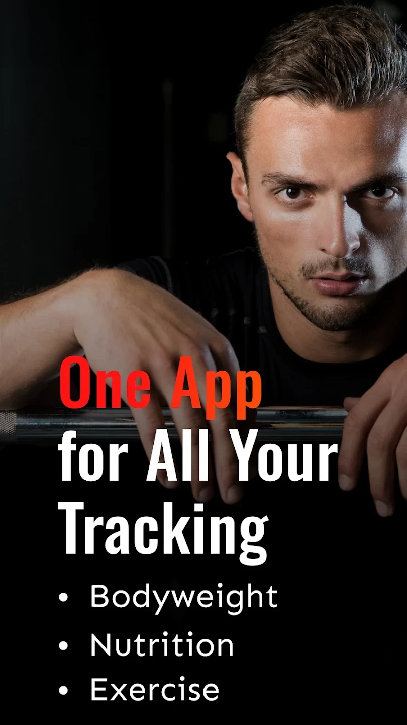 Man holding barbell, 'One App for All Your Tracking' text beside.