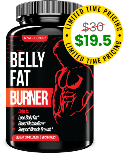 Black bottle labeled 'Belly Fat Burner' with a limited time pricing sticker.