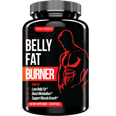 Black bottle labeled 'Belly Fat Burner' with a muscular silhouette illustration.