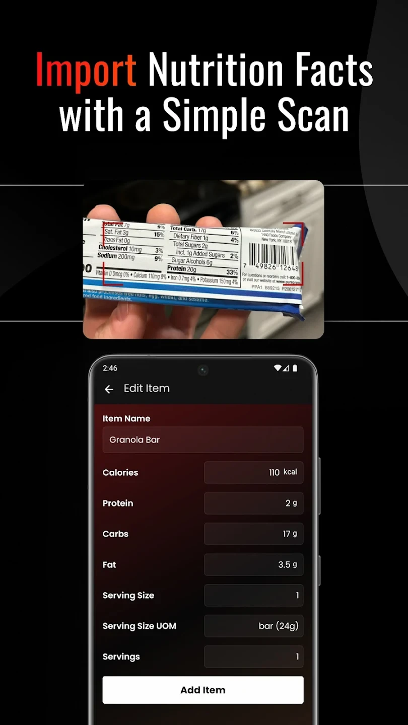 Smartphone app displaying imported nutrition facts and a granola bar package.