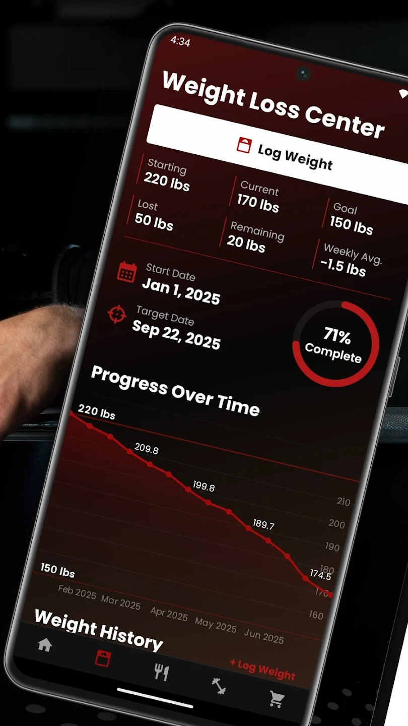 Smartphone displaying a weight loss tracking app with progress chart and statistics.