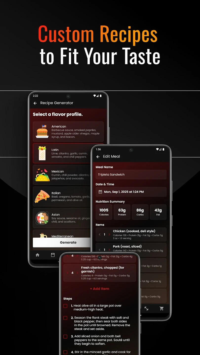 Smartphone screens displaying a recipe generator and meal editing interface.