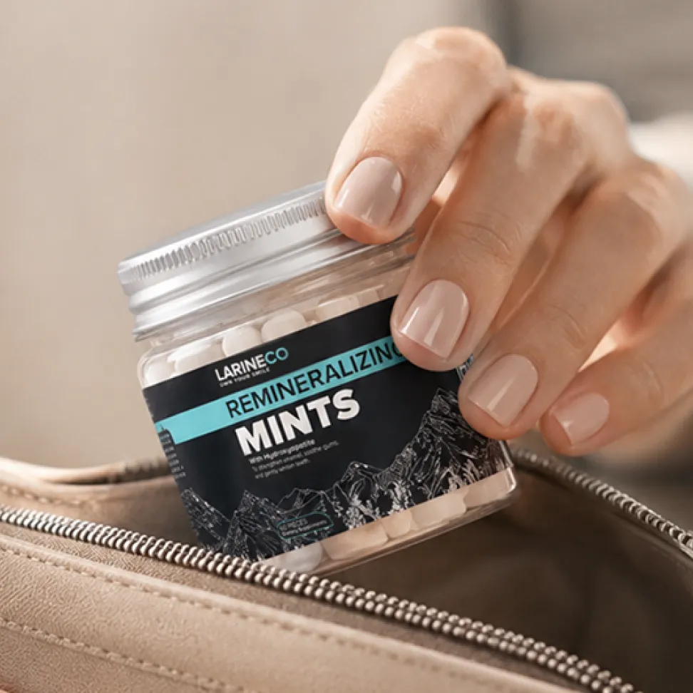 A hand with nude-colored nails places a clear jar of Remineralizing Mints into a tan zippered bag.