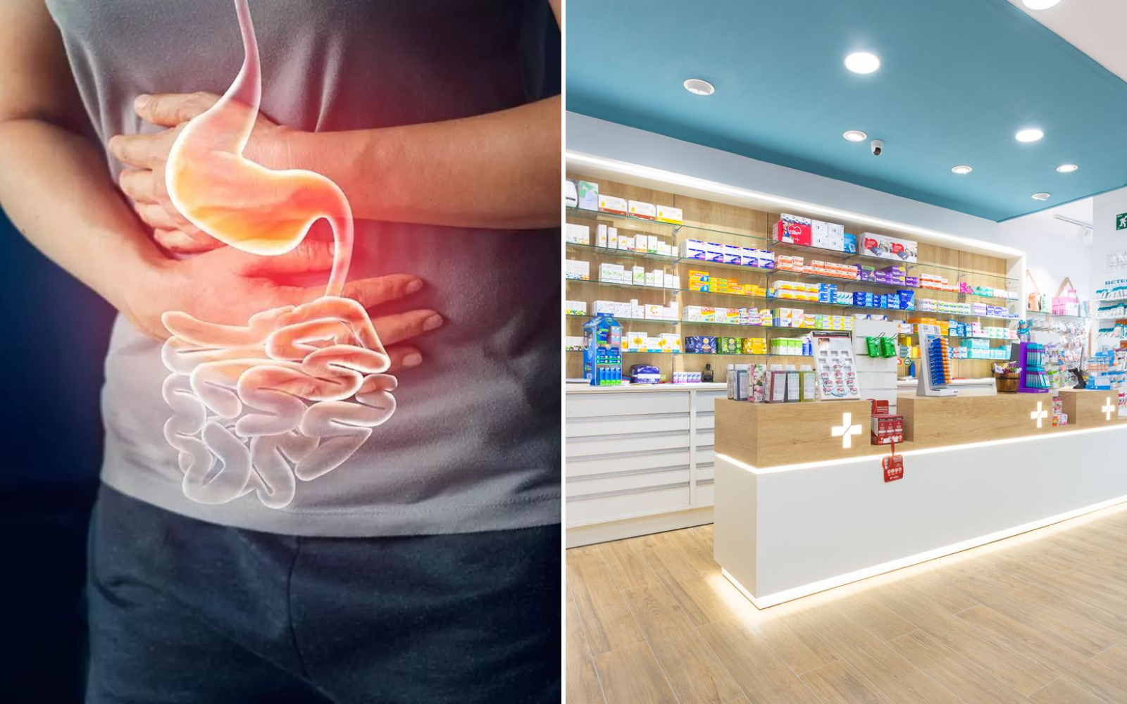 Person holding stomach with digestive organs overlayed; pharmacy counter with medicines displayed.