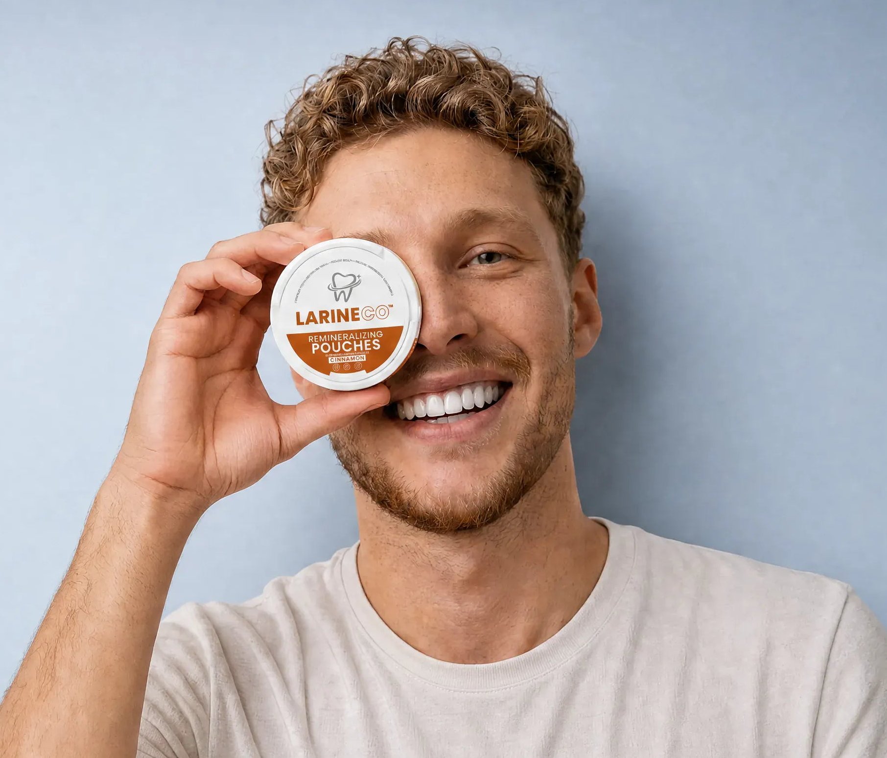 A smiling man with curly hair holds a white, round container of Larineco Remineralizing Pouches over one eye.