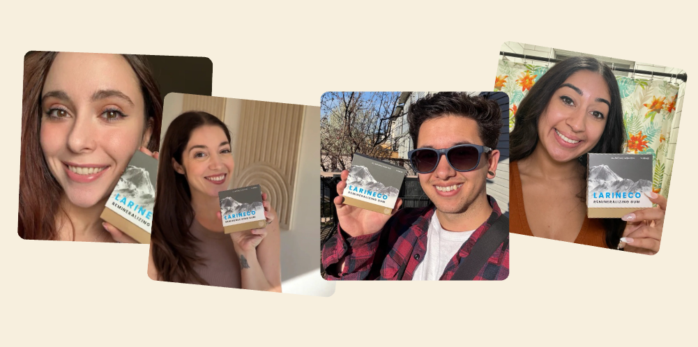 Four people holding LARINECO boxes, smiling at the camera.