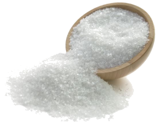A small wooden bowl overflowing with coarse white salt crystals against a white background.