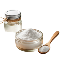 A glass bowl of white powder, a wooden spoon, and a lidded glass jar against a white background.