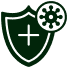 Shield with a cross and virus symbol in green outline.