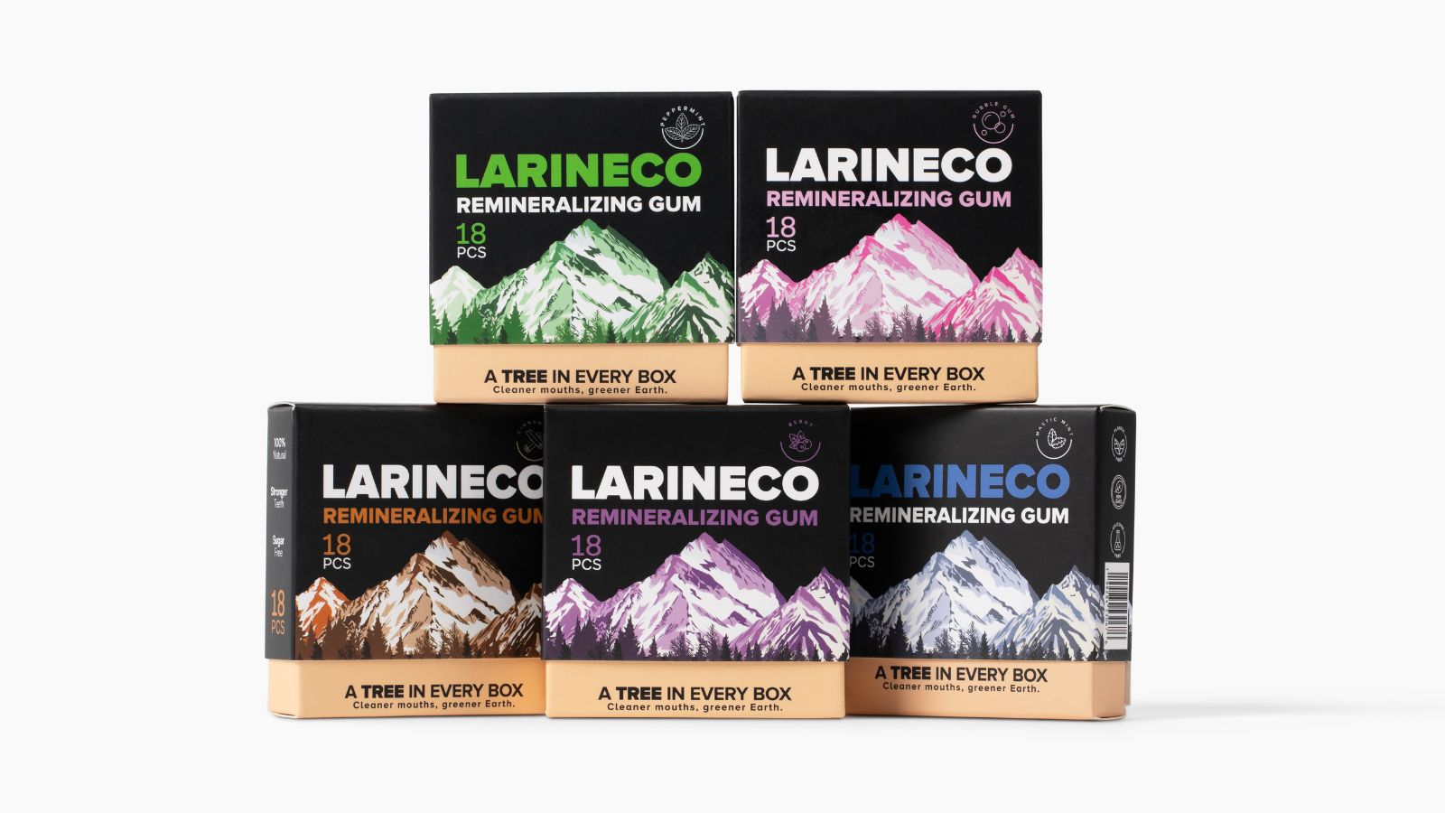 Several boxes of Larineco Remineralizing Gum in different flavors are displayed against a white background.