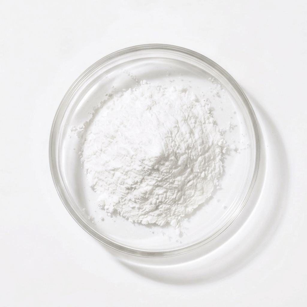 An overhead view of a clear petri dish containing a pile of white powder on a white surface.