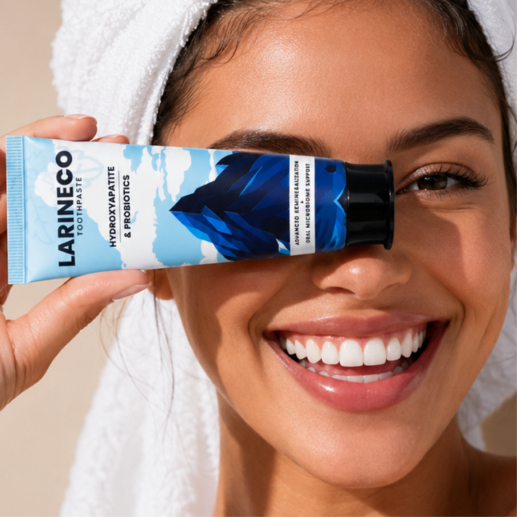 A smiling woman with a towel on her head holds a tube of Larineco toothpaste over one eye.