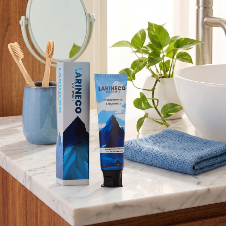A tube and box of Larineco toothpaste on a bathroom counter with toothbrushes and a plant.