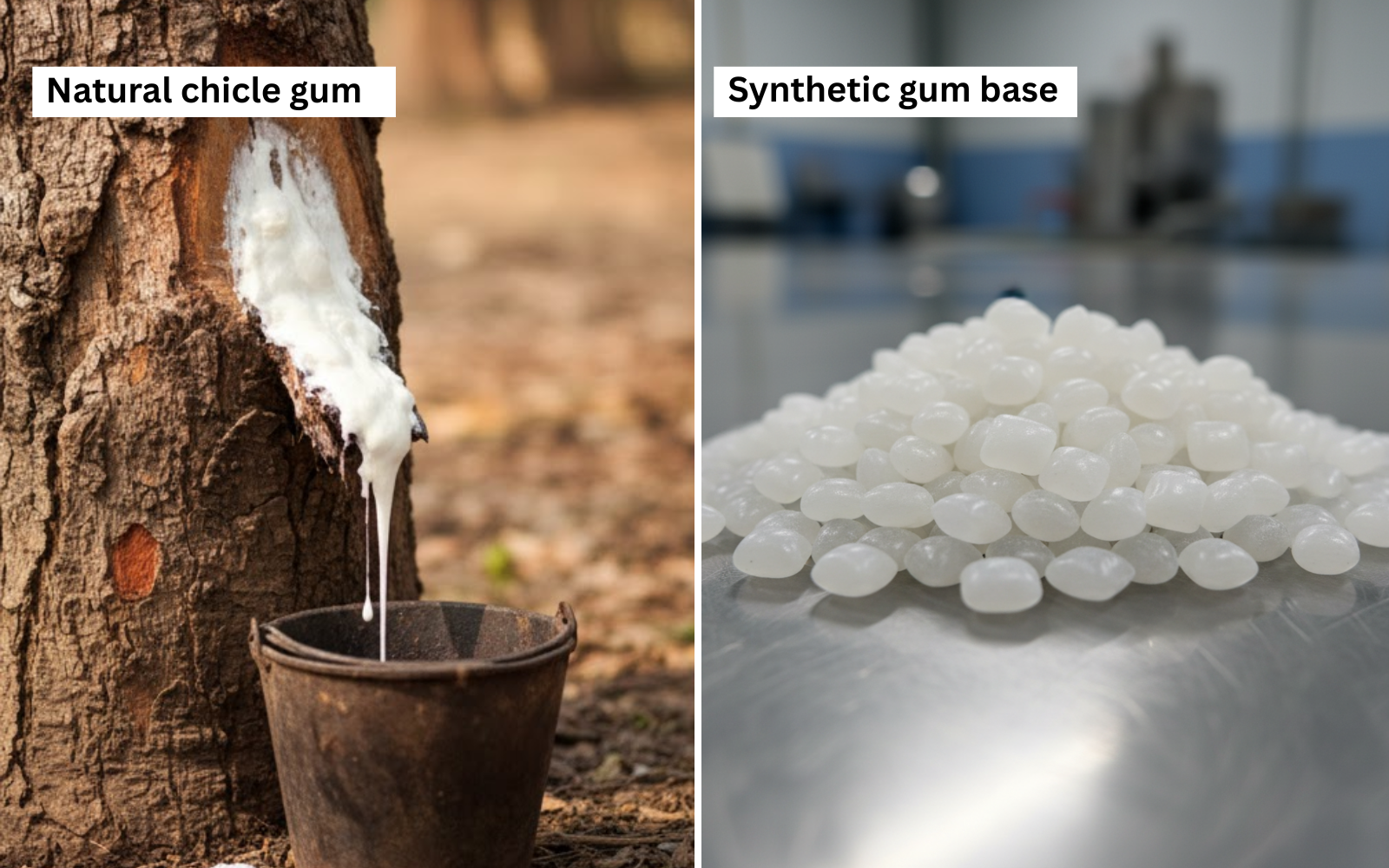 Natural chicle gum from tree and synthetic gum base on table.