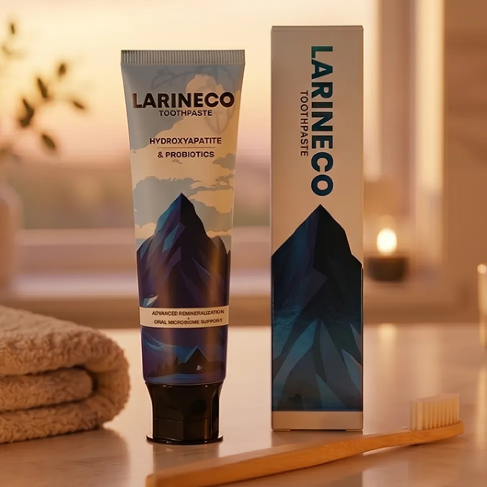 A tube and box of Larineco toothpaste sit on a counter next to a bamboo toothbrush and towel.