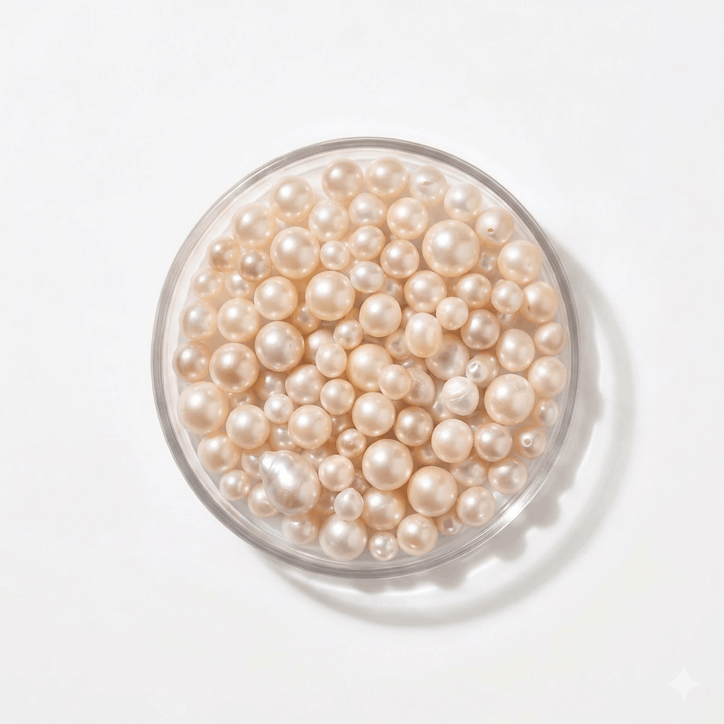 An overhead view of a clear circular dish filled with various sizes of cream-colored pearls on a white surface.