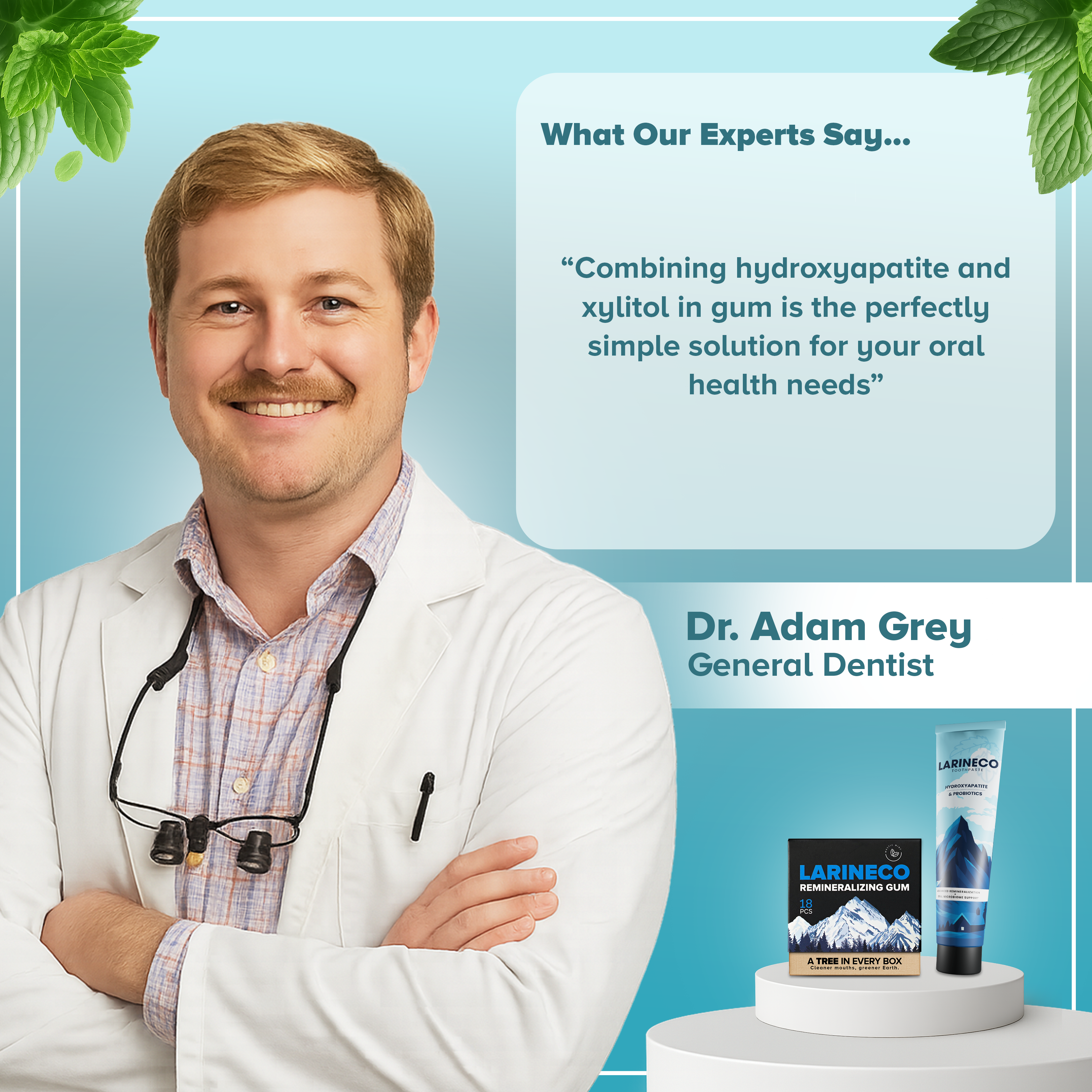 Smiling dentist with product recommendation and dental care items displayed.