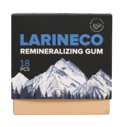 Packaging of LARINECO remineralizing gum with mountain design.