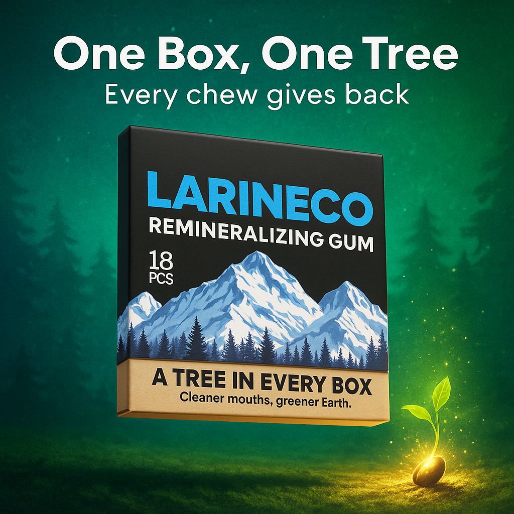 Box of gum with mountain design, text promoting tree planting.