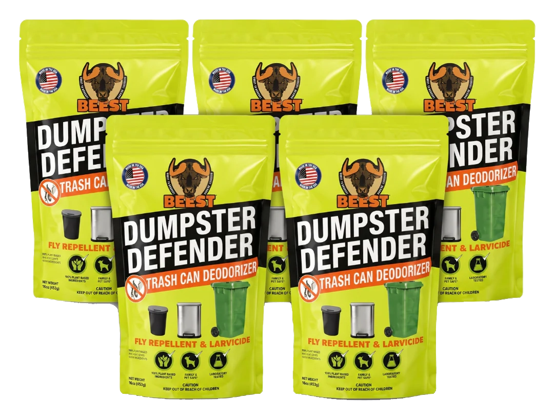 Five bags of Beest Dumpster Defender Trash Can Deodorizer arranged on a white background.