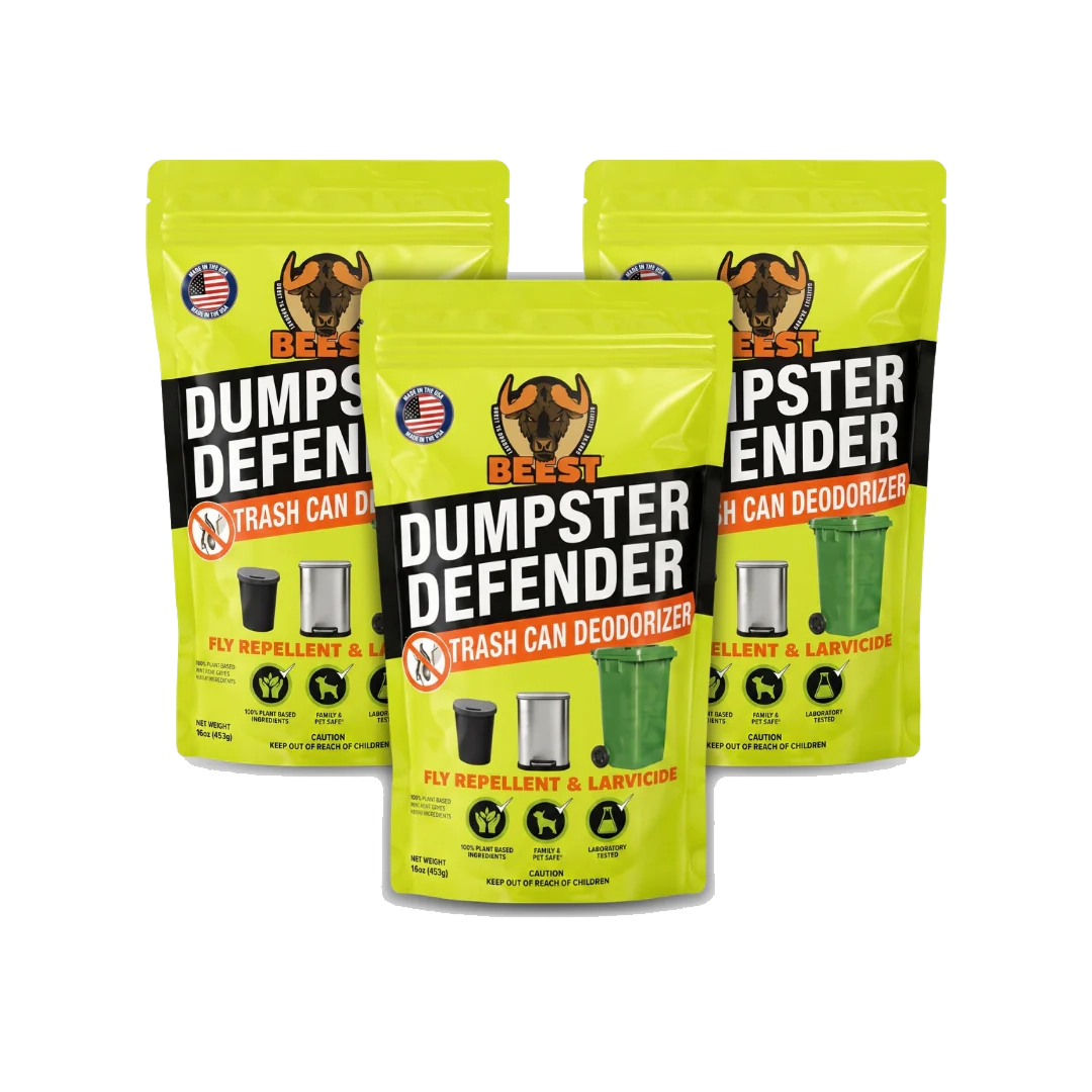 Three lime-green bags of Beest Dumpster Defender Trash Can Deodorizer on a white background.