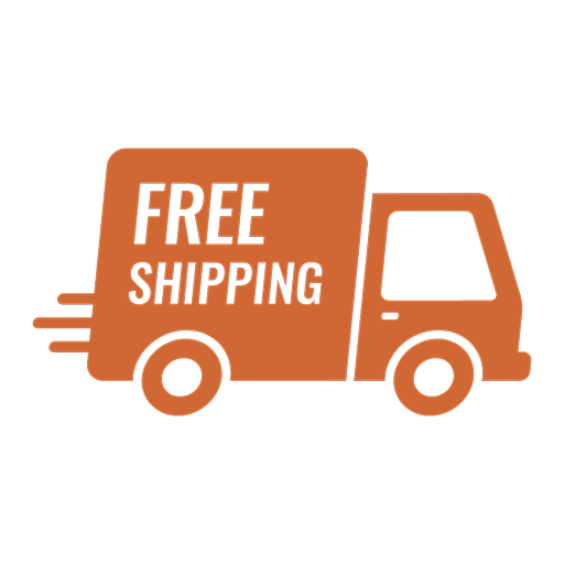 An orange icon of a delivery truck with the words 'FREE SHIPPING' on its side.