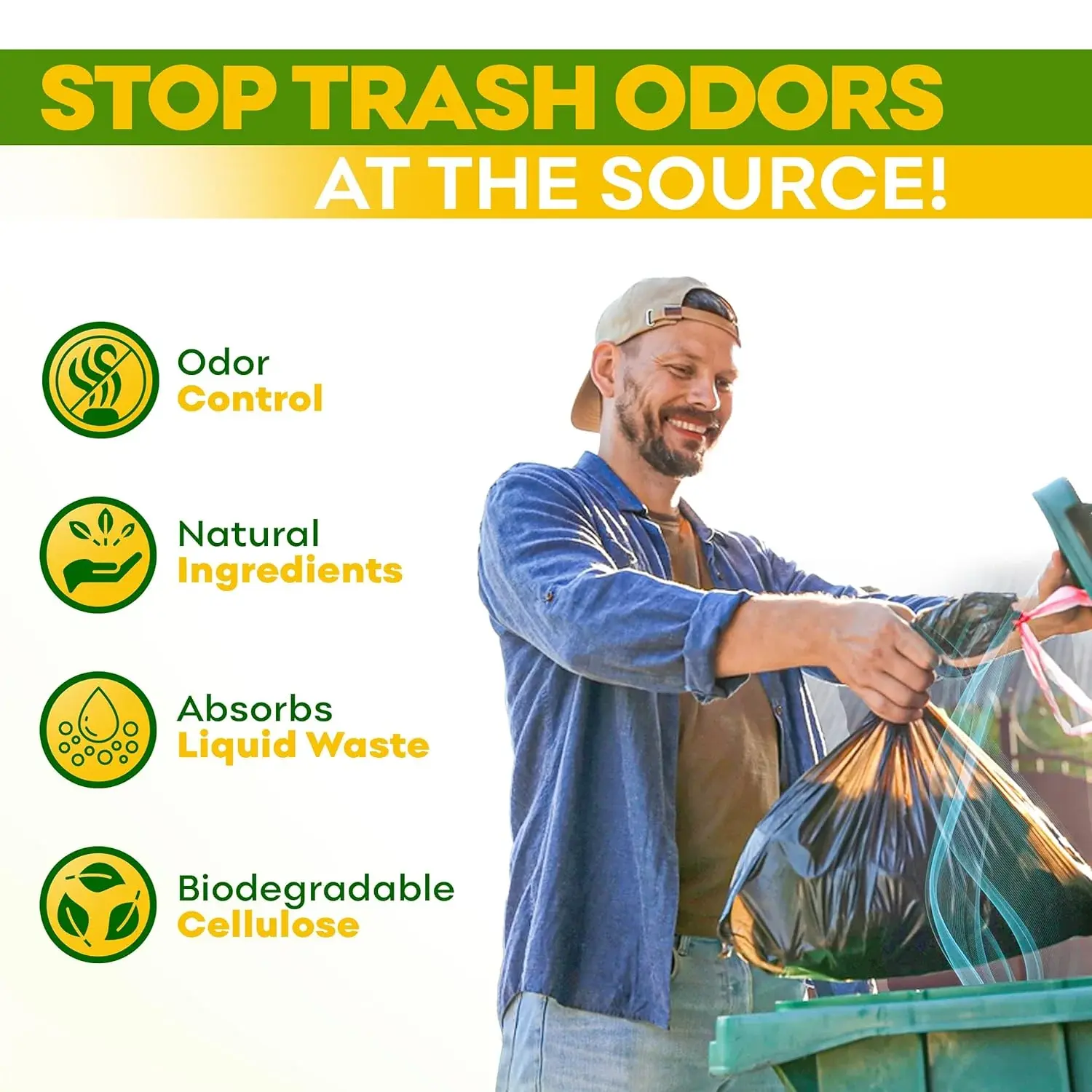 A man throws a trash bag into a bin, next to text advertising trash odor control.