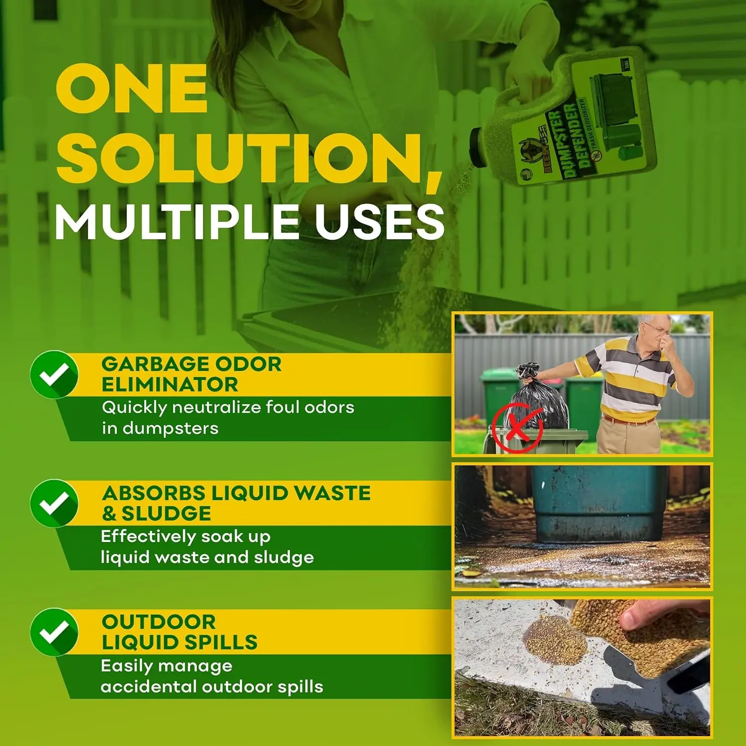 An advertisement for a granular product demonstrating its use for garbage odors and absorbing liquid spills.