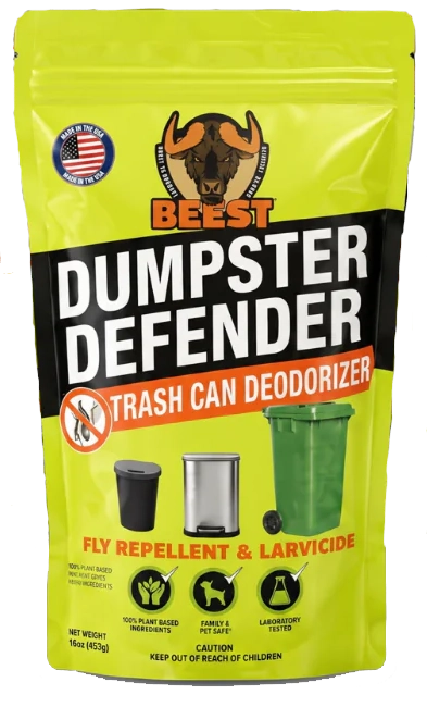 A bright green pouch of Beest Dumpster Defender, a trash can deodorizer, fly repellent, and larvicide.