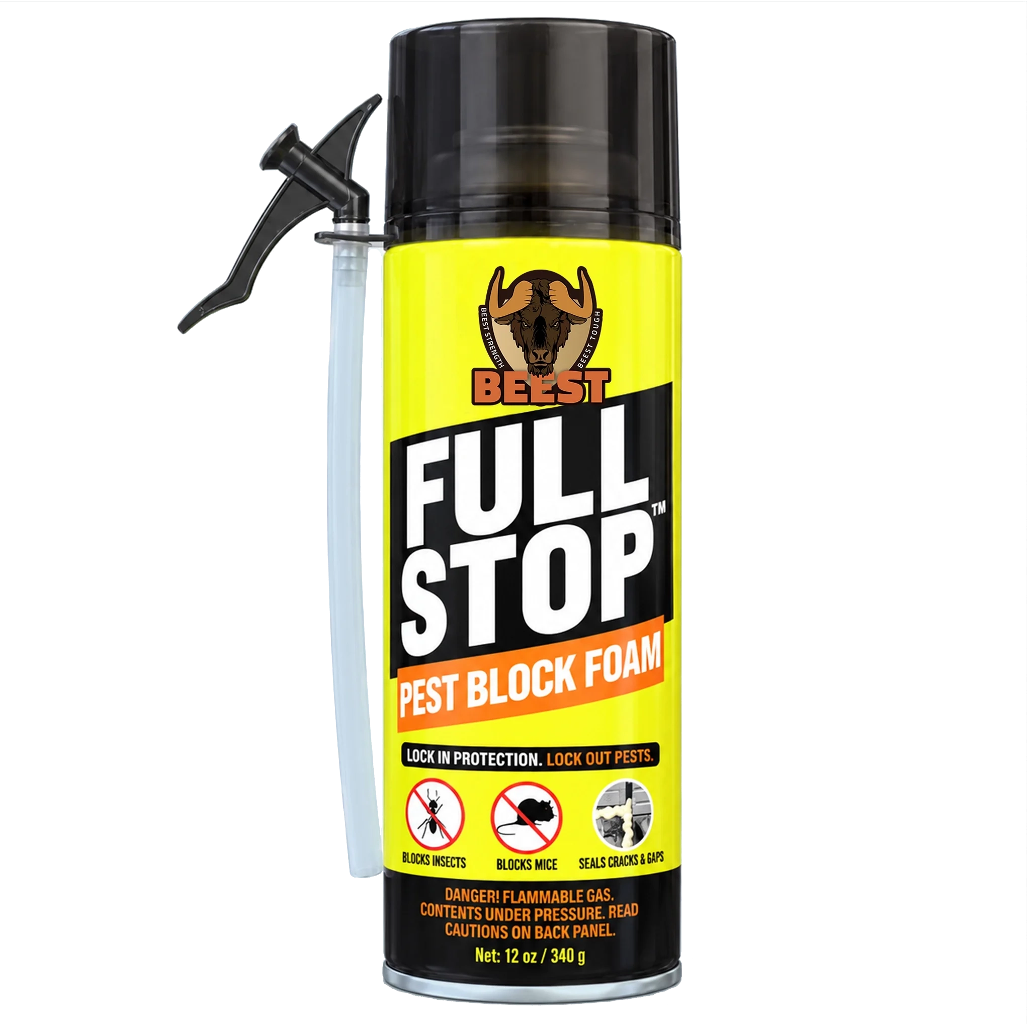 A yellow can of Beest Full Stop Pest Block Foam with an attached black applicator nozzle.