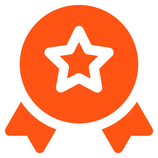 An orange icon of a circular award medal with a star and two ribbons.