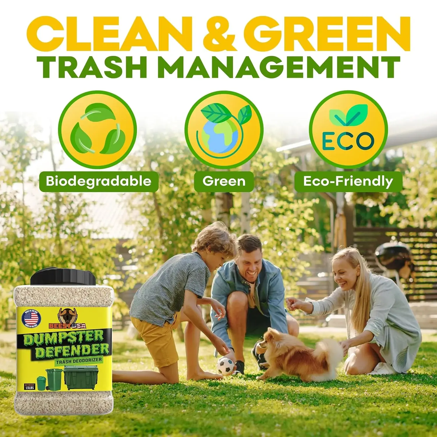 An ad for Dumpster Defender trash deodorizer, showing a family playing with a dog in their yard.