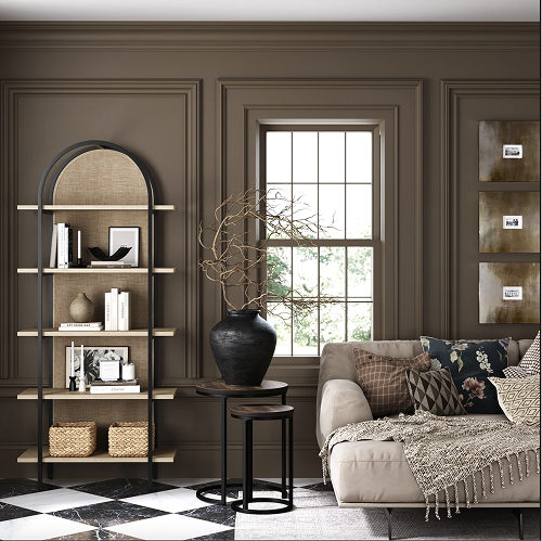 Elegant living room with a sofa, decorative shelves, and a large window.