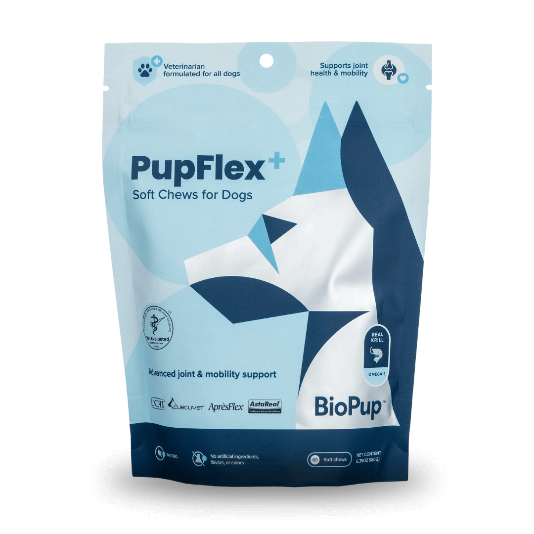 PupFlex+ dog chews packaging with blue geometric dog design and health benefits listed.