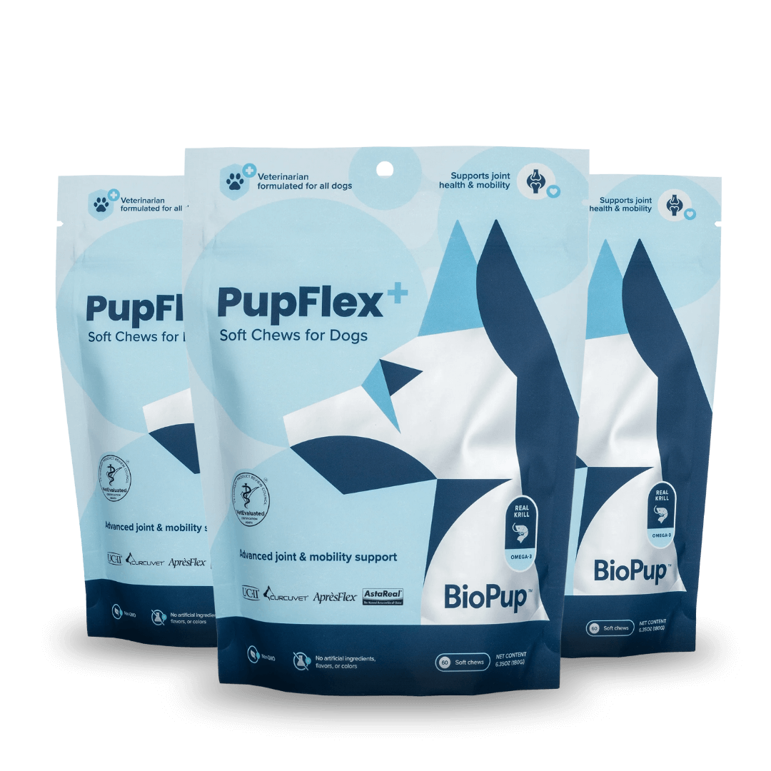 Three bags of PupFlex+ soft chews for dogs.