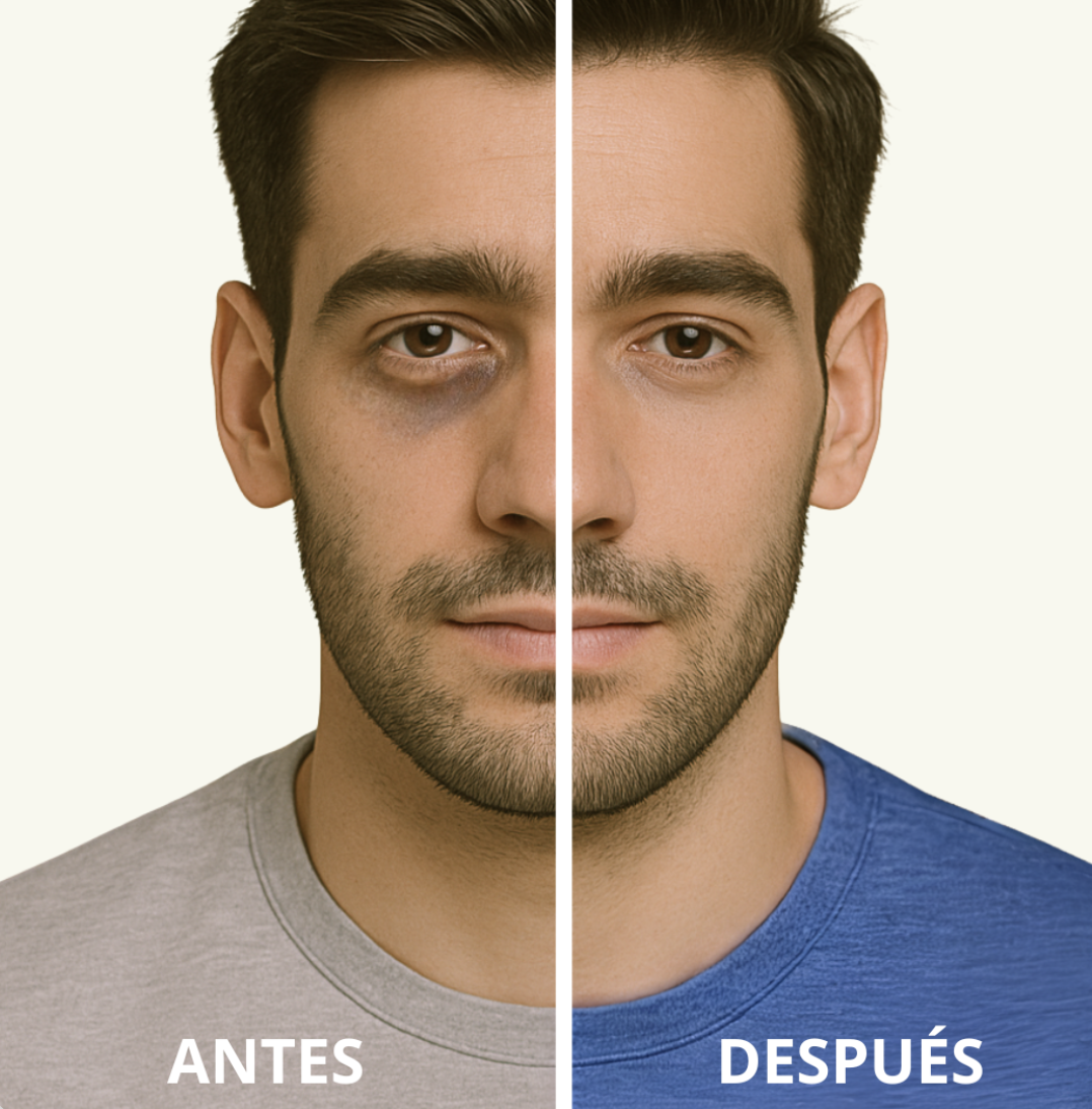 Split image of a man's face labeled 'ANTES' and 'DESPUÉS' showing a visible difference.