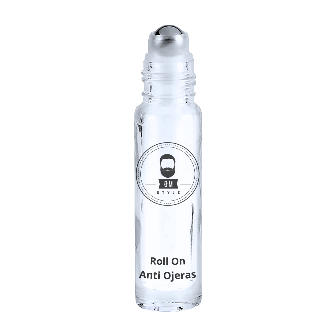 Clear roll-on bottle labeled 'Roll On Anti Ojeras' with a beard logo.