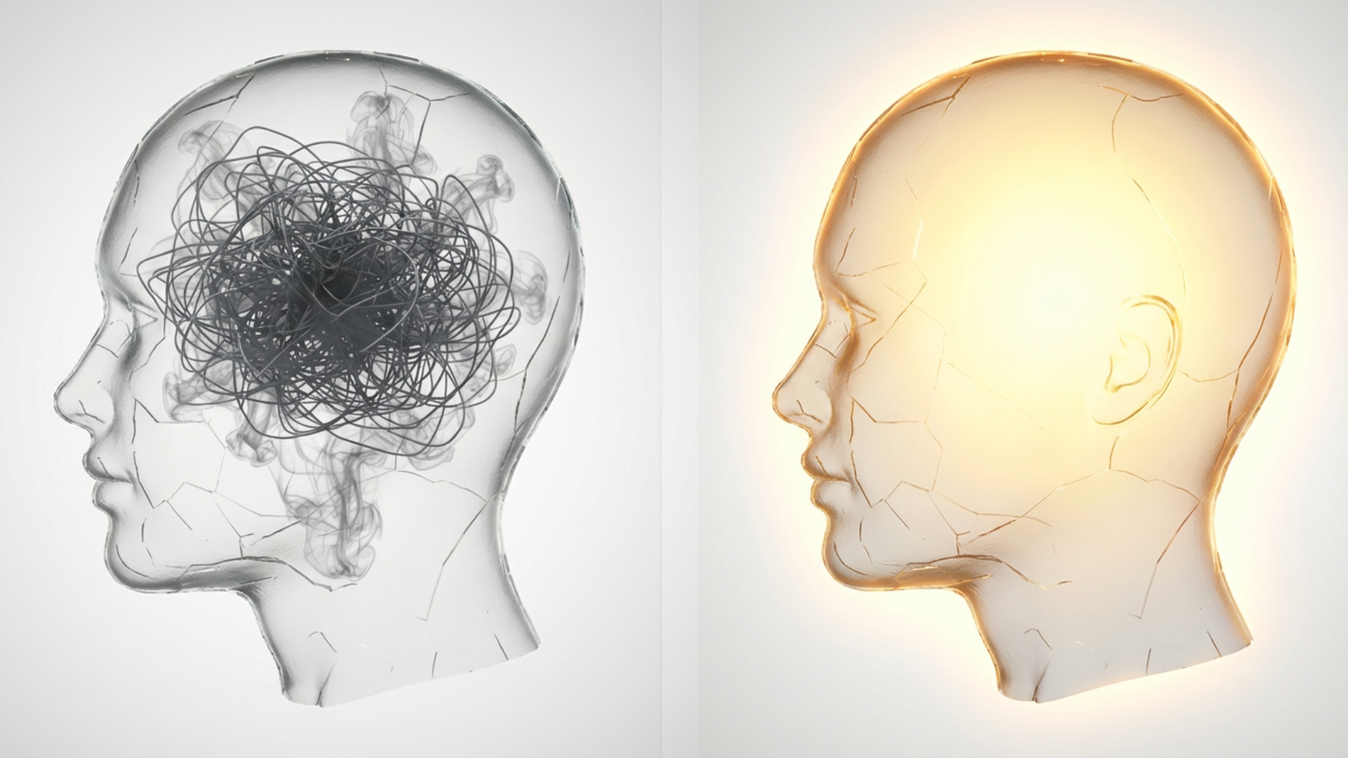 Two profiles, one with tangled lines, one glowing, side by side.
