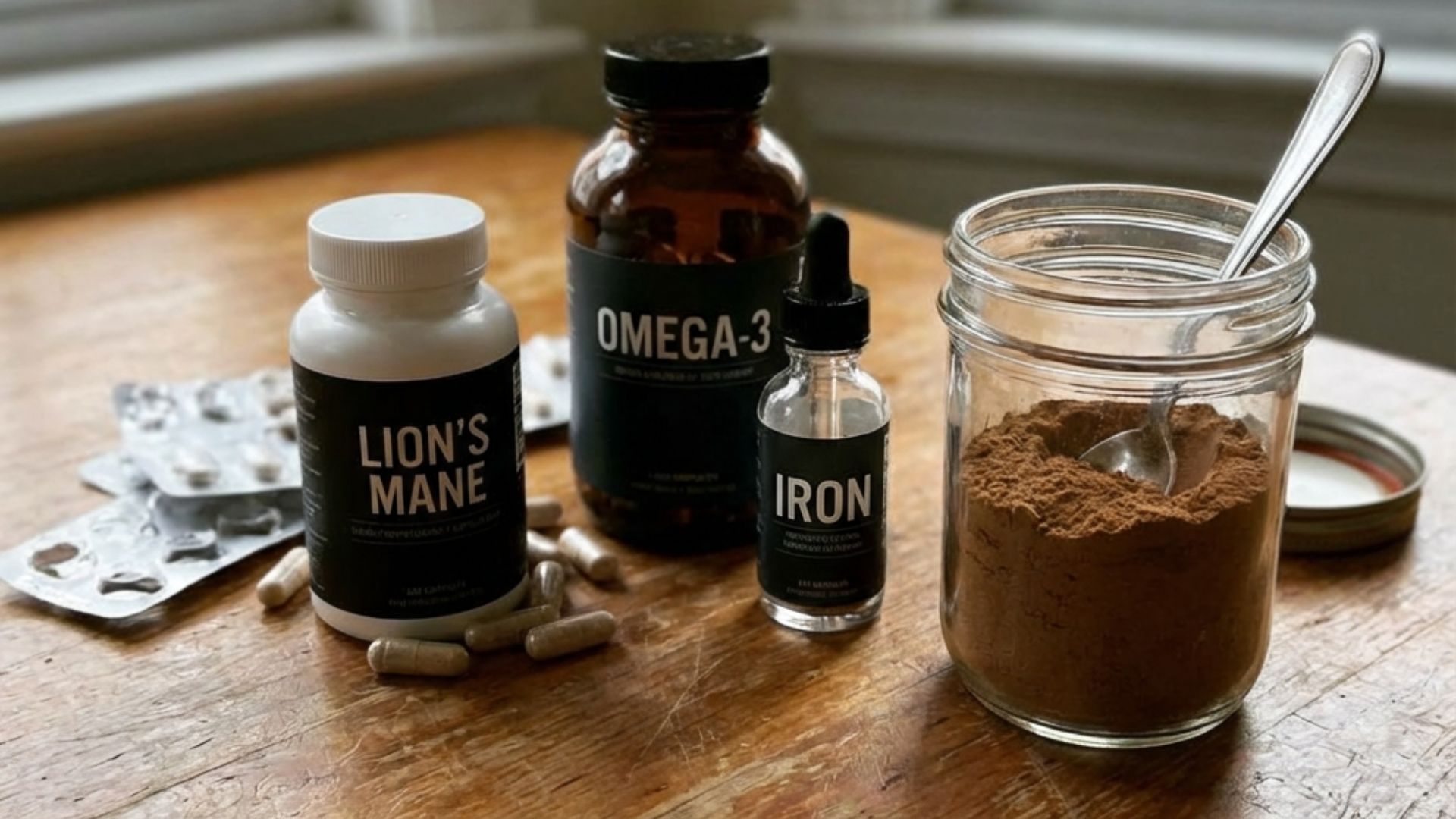 Supplements and a jar of powder on a wooden table.