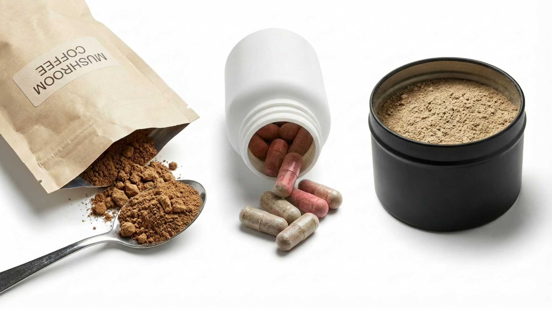 Mushroom coffee, powder, capsules, and a spoon on a white background.