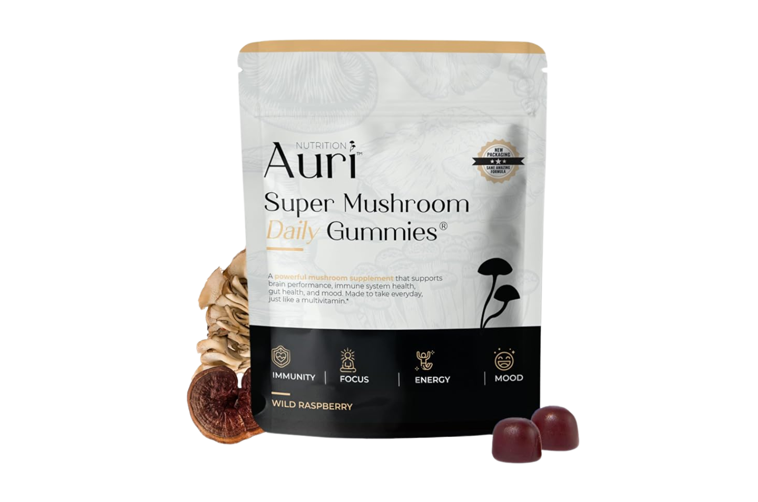 Package of mushroom gummies with mushrooms and gummy bears.