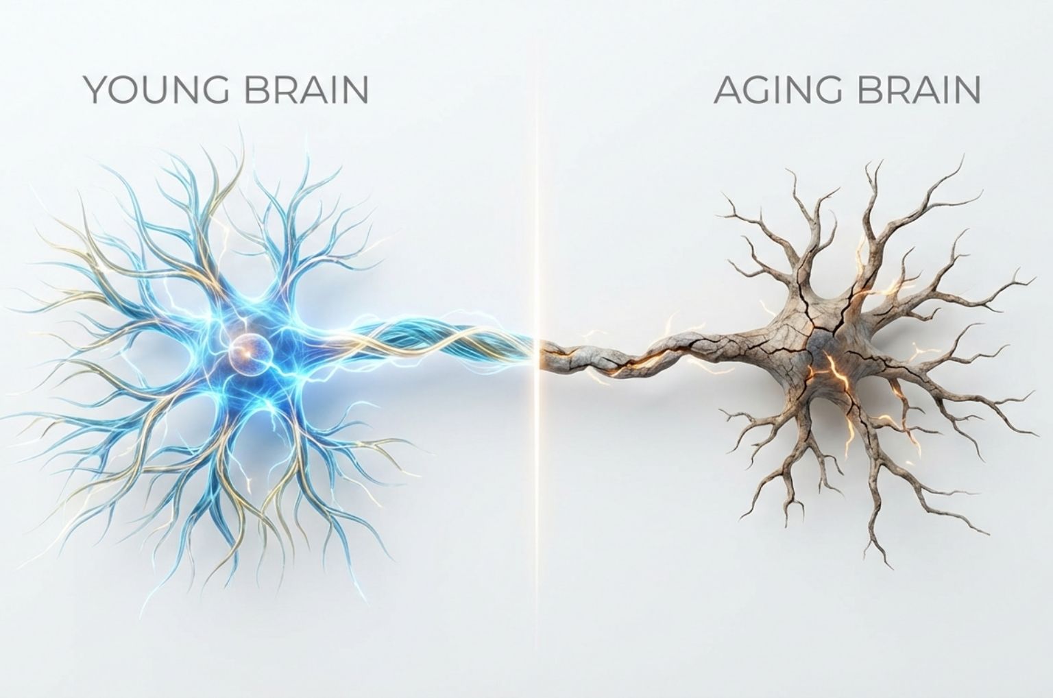 Comparison of bright young neuron and dull aging neuron side by side.