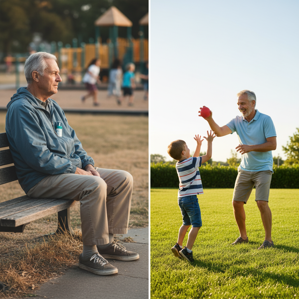 Elderly man on bench; elderly man playing catch with child.