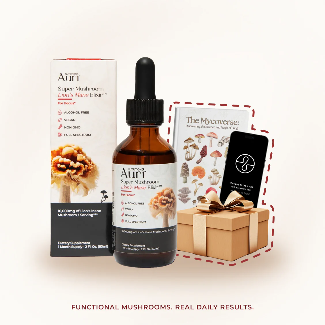 Nutritional supplement bottle with box, book, and smartphone in the background.