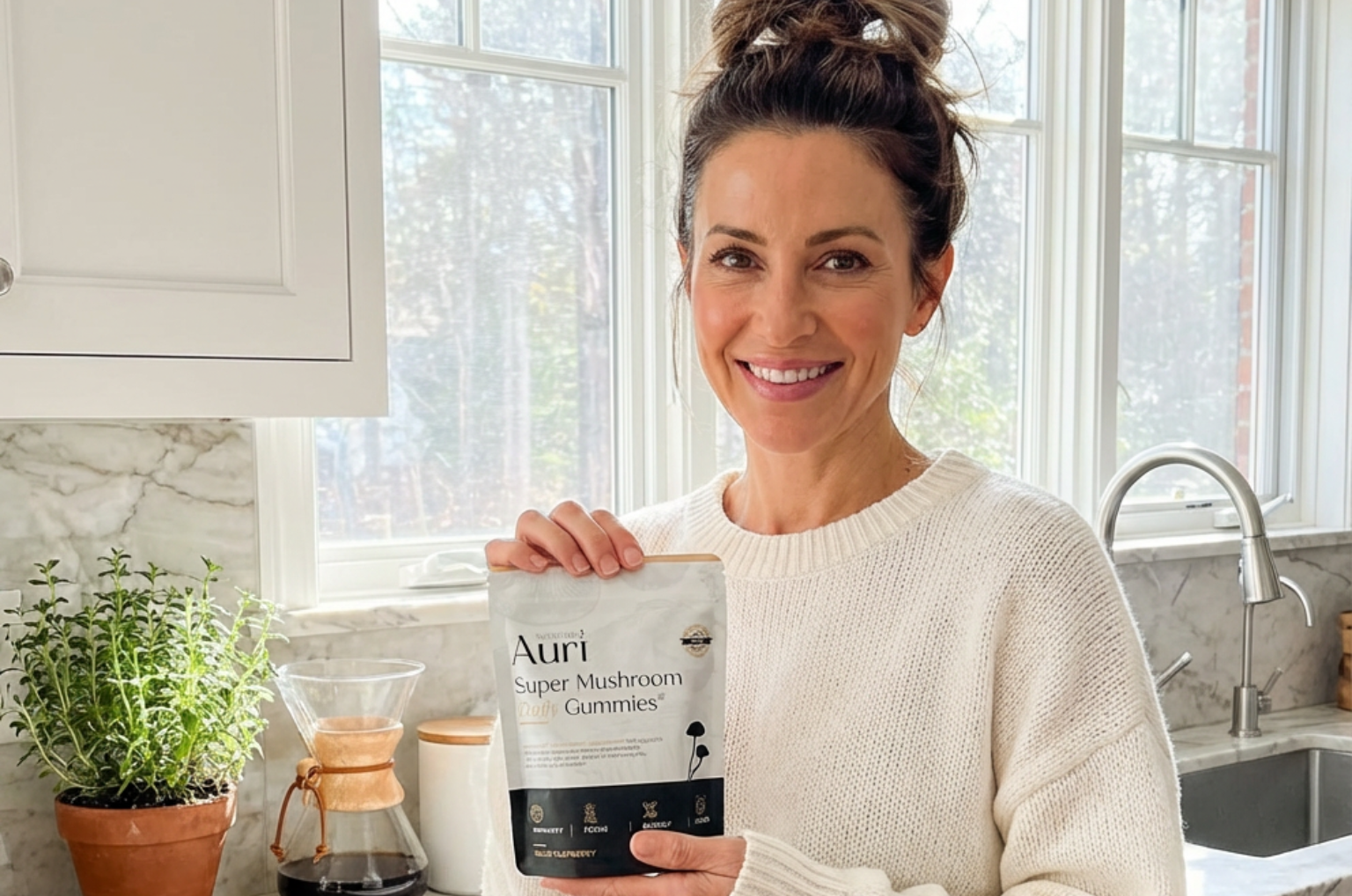 Smiling person holding a packet of Auri Super Mushroom Gummies in a kitchen.